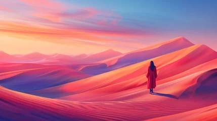 Papier Peint photo Lavable Montagnes a woman walking in a desert