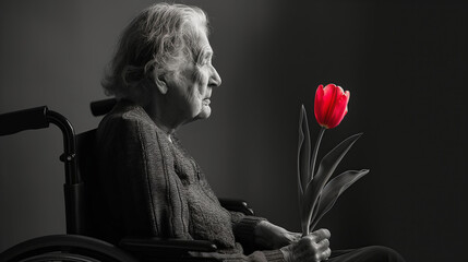 An elderly woman with Parkinson's disease and red tulip in his hands in wheelchair - obrazy, fototapety, plakaty
