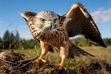 Majestic hawk on flight on diverse landscape., generative IA