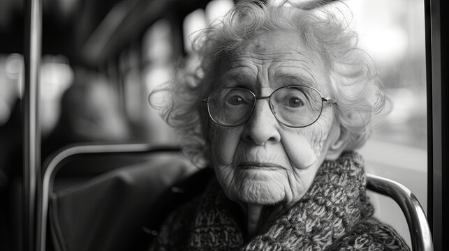 loneless old woman in the transport in white black colors