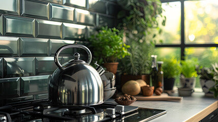 A metal kettle in a modern kitchen with green houseplants