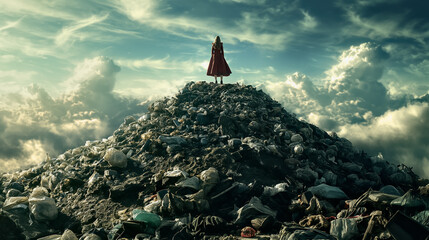 Kobieta na szczycie wysypiska śmieci - obrazy, fototapety, plakaty