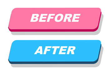 Vibrant graphic showcasing two 3D buttons, one pink labeled BEFORE and the other blue labeled AFTER, indicating a clear visual comparison or transformation concept