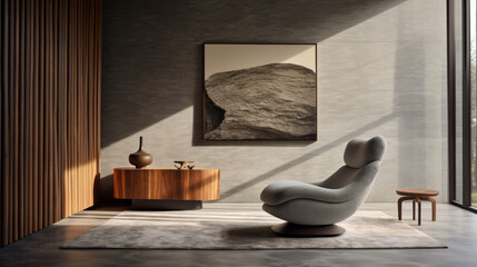 A modern living room with textured wall finishes featuring a grey armchair, a shag rug, and a side table