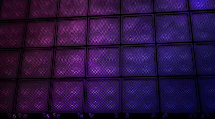 Guitar amp cabinets wall. Purple retro, 3D render background. Music equipment used on live festivals . Ideal for event posters or guitar and bass accessories and products - obrazy, fototapety, plakaty