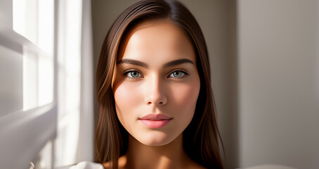 Female face. Beautiful brunette woman, portrait close up. Face of sensual woman with blue eyes. Beauty face. Fashion Beauty faces. Model girl with curly hairstyle. Woman face close up.