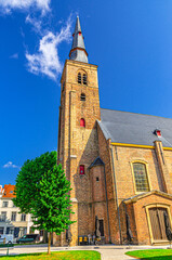 Sint-Annakerk St Anne’s Church Gothic style building on Sint-Annaplein square in Brugge city historical centre, Bruges old town Sint-Anna quarter, vertical view, West Flanders province, Belgium