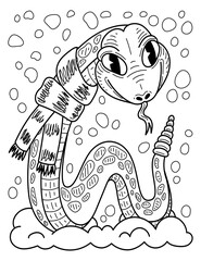 Coloring page snake in snow wearing winter scarf. Hand drawn sketch illustration.