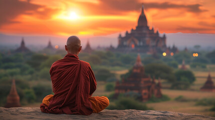 Buddhist monk praying against the background of the temple. 
