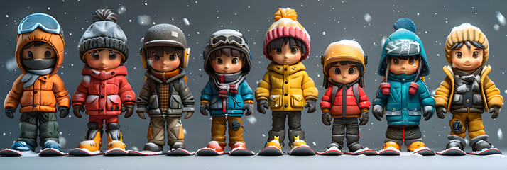 A playful 3D cartoon image of kids standing side by side with snowboards.