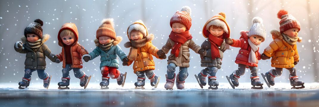 A 3D animated cartoon render of a group of happy kids ice skating together.