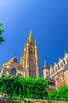 Roman Catholic Parish Church of Our Lady Gothic architecture style building with brickwork tower, Onze-Lieve-Vrouwekerk, Brugge old town district, Bruges city historic centre, Flemish Region, Belgium
