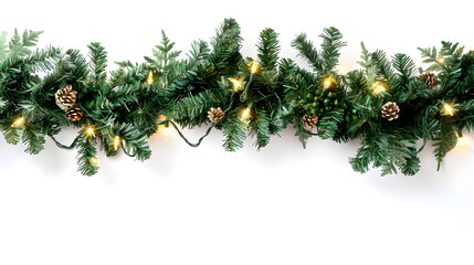 Christmas Joy: Seamless Decorative Border Showcasing Coniferous Branches and Radiant Christmas Lights Against a Transparent Backdrop