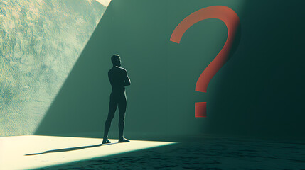 Curious Mind and Mystery Unfold: A Striking 3D Human Figure Encompassing a Red Question Mark