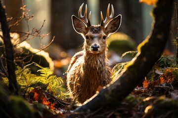 Majestic deer in the forest under the sun., generative IA