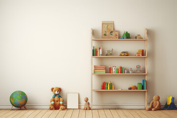 A cozy corner of a child's playroom with neatly arranged shelves full of books, toys, and educational materials, under a warm, inviting light - obrazy, fototapety, plakaty