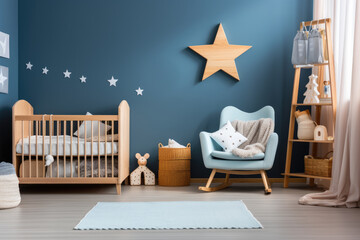 A dreamy Scandinavian nursery bathed in navy blue, featuring a wooden crib, star decorations, and cozy accents for a peaceful slumber