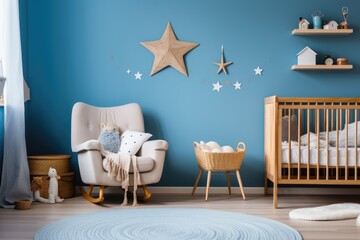 A dreamy Scandinavian nursery bathed in navy blue, featuring a wooden crib, star decorations, and cozy accents for a peaceful slumber
