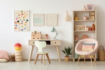 A fresh and modern child's study area, adorned with colorful artwork, a stylish desk setup, and playful decorations for inspiration