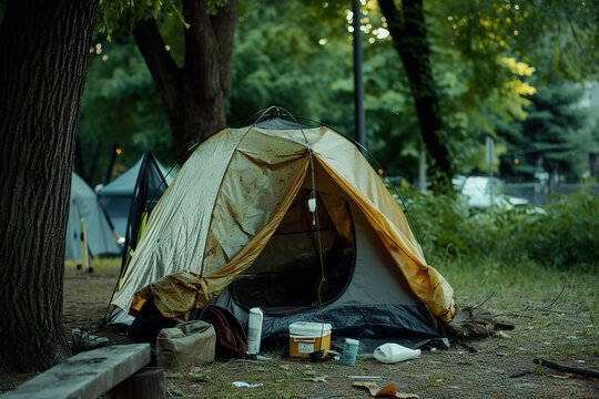simple tent of houseless person in park, homeless tent camp on a city street