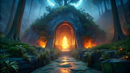 Mystical Forest Pathway Leading to a Fiery Portal