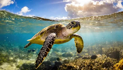 Foto op Plexiglas An endangered Hawaiian Green Sea Turtle cruises in the warm waters of the Pacific Ocean  © blackdiamond67