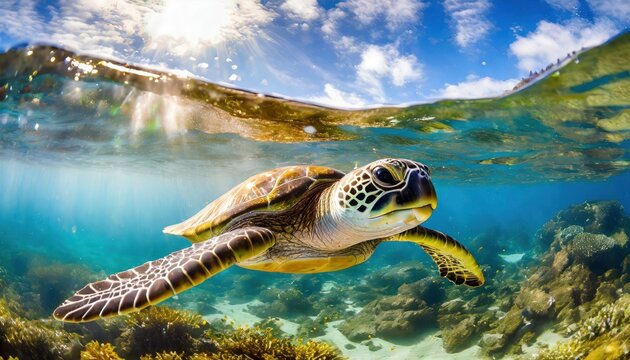 An endangered Hawaiian Green Sea Turtle cruises in the warm waters of the Pacific Ocean 