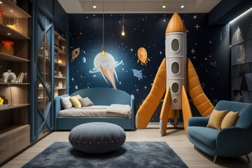 A vibrant children's bedroom with a space theme, featuring a large rocket, planet murals, and astronaut motifs for imaginative play