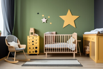An enchanting green nursery room adorned with wooden elements, featuring glowing star lights, a cozy rocking chair, and a warm, inviting atmosphere