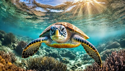 An endangered Hawaiian Green Sea Turtle cruises in the warm waters of the Pacific Ocean  - obrazy, fototapety, plakaty
