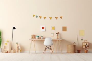 Children's study space with a white desk, cheerful wall art, and natural wood accents, fostering creativity and focus
