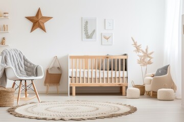 Nursery room with a neutral color palette, featuring wooden furniture, a cozy chair, decorative stars, and natural textures