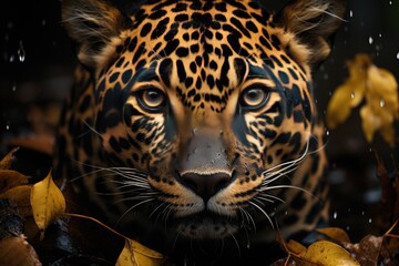 Exhibition displays majestic jaguar in nature., generative IA