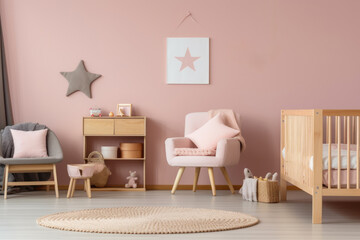 Pink themed nursery room featuring a comfortable armchair, soft textiles, decorative stars, and a serene ambiance for a baby