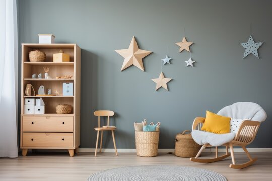 Scandinavian baby room featuring wooden furniture, a cozy rocking chair with a yellow pillow, and playful star accents against a gray backdrop