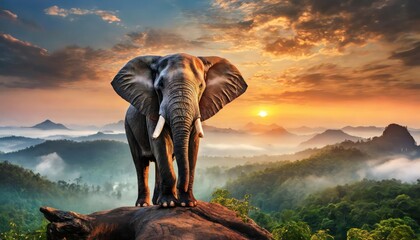 back view, lone elephant sitting on tree branch watching sunrise and sunset  - obrazy, fototapety, plakaty
