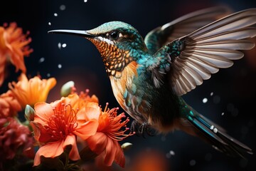 Hummingbird exploring colorful flowers in biology class., generative IA - obrazy, fototapety, plakaty