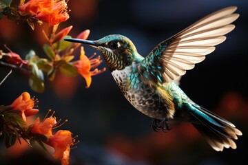 Fototapeta premium Hummingbird exploring colorful flowers in biology class., generative IA
