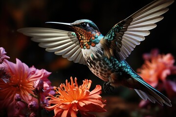 Obraz premium Agile hummingbird feeding on a colorful garden., generative IA
