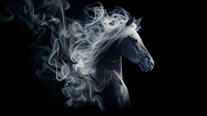 White horse head portrait emerging from smoke, abstract concept background. - Powered by Adobe