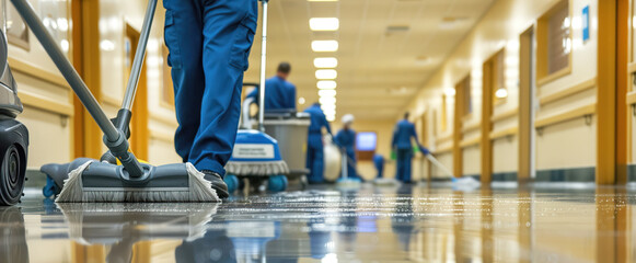 Professional Cleaning Crew in Action. Several people cleaning a spacious area, illustrating the...