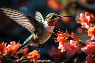Fototapeta premium Migratory hummingbird in a vibrant flower field., generative IA