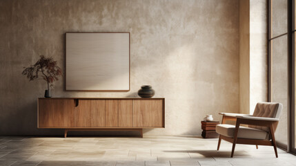 A modern living room featuring a textured wall finish, a sideboard, and a comfy armchair