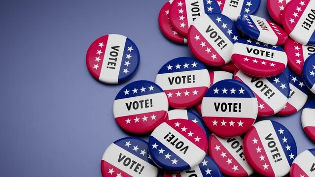 Badges with the text "I Voted" and white stars on blue and red background falling onto a table. Concept for US Elections, Presidents Election