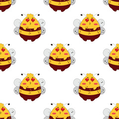 Vector seamless pattern with bees and stars. Striped honey bee and yellow stars on white background. Pattern with bumblebees.