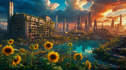 High resolution digital illustration of a futuristic post apocalyptic cityscape overgrown with vegetation and lush trees. 3d rendering of the end of civilization yet a world coming alive once again.  - obrazy, fototapety, plakaty