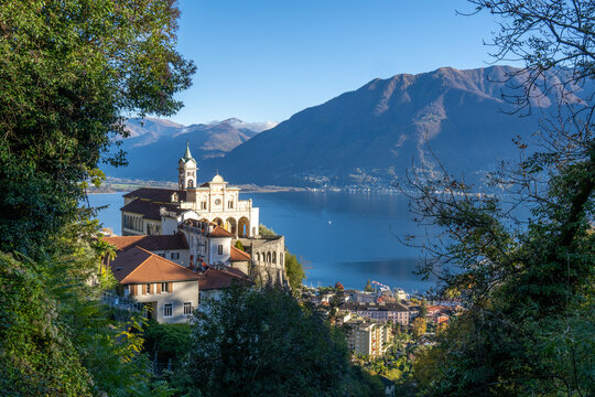 The village of Locarno on the Lago Maggiore, Kanton Ticino, Church Madonna del Sasso, Orselina, Switzerland. Site of Roman Catholic pilgrimage founded after a vision of the Virgin Mary appeared 1480
