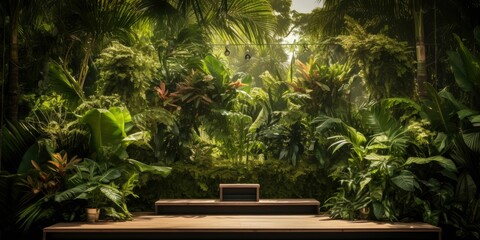 Bright wooden podium set amidst a lush tropical forest 