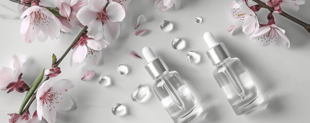 Glass bottles with natural transparent serum and cherry branches with flowers on a white background.