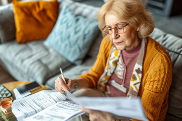 Seated on the sofa at home, an elderly woman wearing glasses fills out bills with a pen in hand. - obrazy, fototapety, plakaty